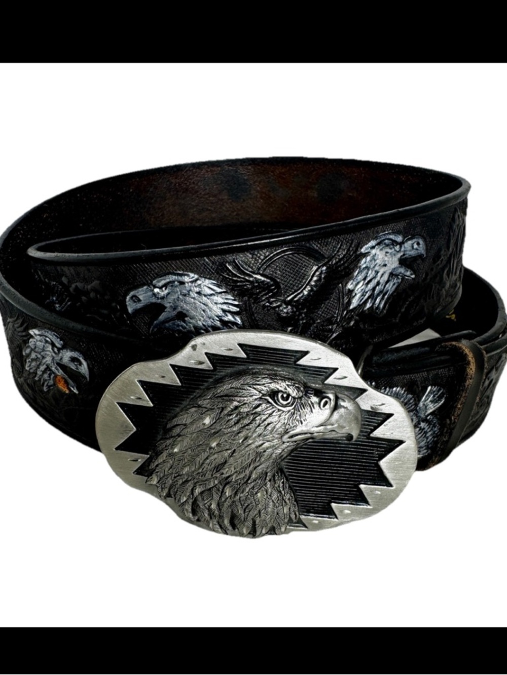Vtg Santa Fe Leather Genuine Belt Black Eagle Embossed Silver Southwestern Sz 42